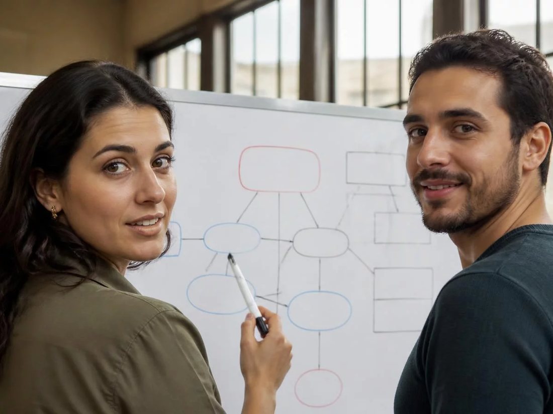 Dupla em pé diante de um quadro branco com o esqueleto de um argumento desenhado
