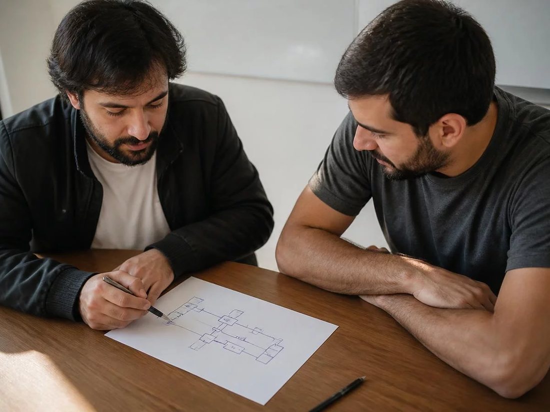 Duas pessoas relendo anotações num tablet apoiado numa mesa de madeira